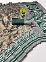 Ailurophile Green Pure Zari Weaving Banarasi Silk Saree With Lagniappe Blouse Piece