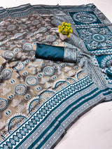 Amazing Rama Pure Zari Weaving Banarasi Silk Saree With Excellent Blouse Piece