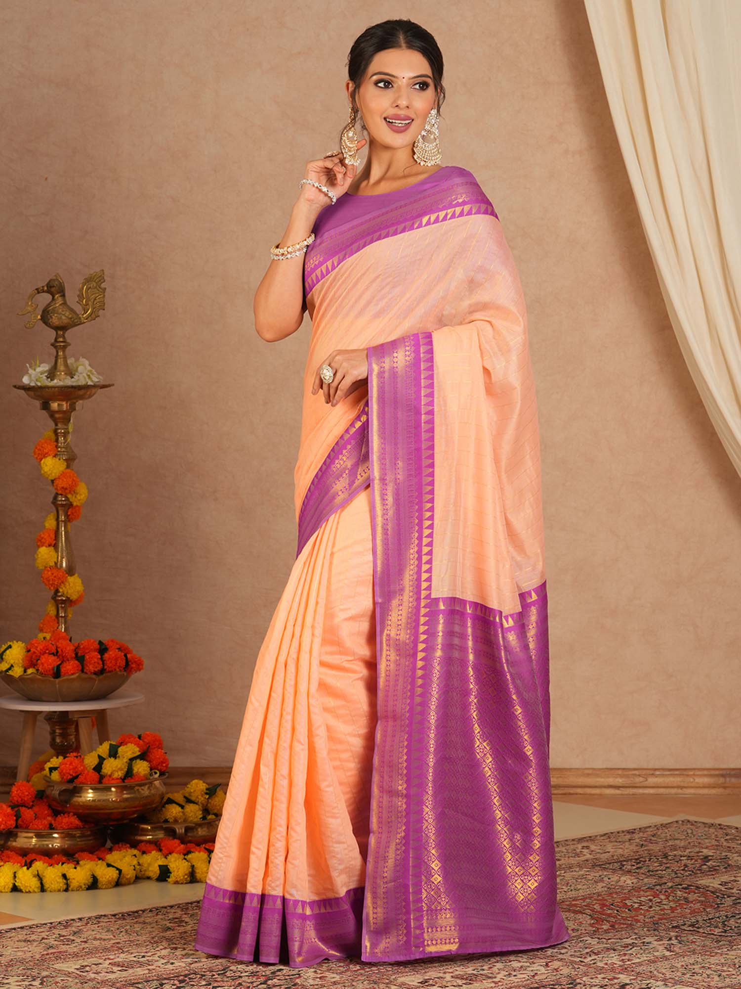 Marvellous Peach Cotton Silk Saree With Elaborate Blouse Piece