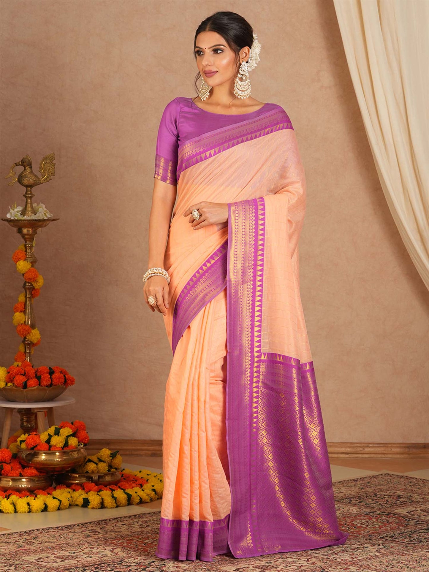 Marvellous Peach Cotton Silk Saree With Elaborate Blouse Piece