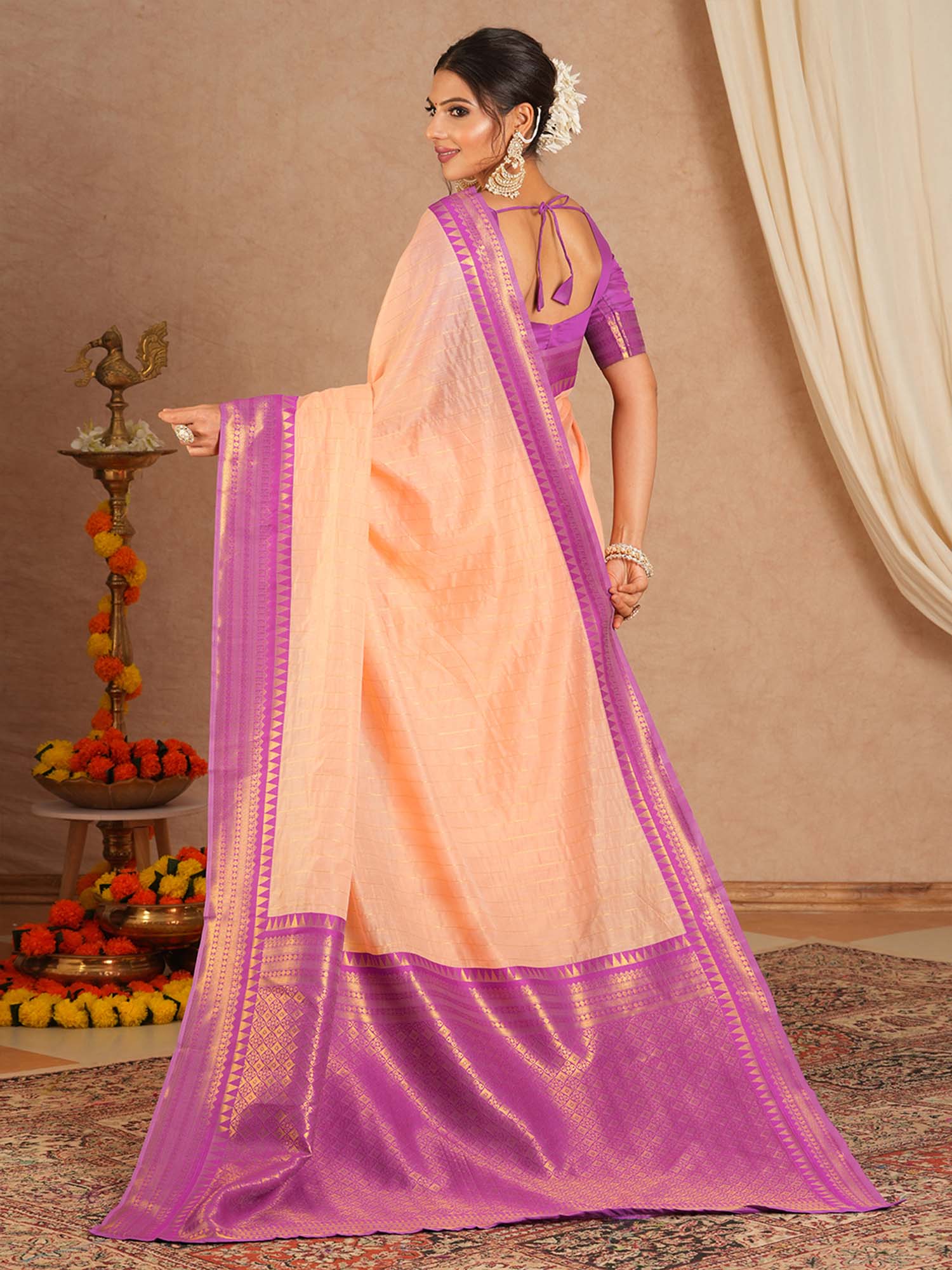 Marvellous Peach Cotton Silk Saree With Elaborate Blouse Piece