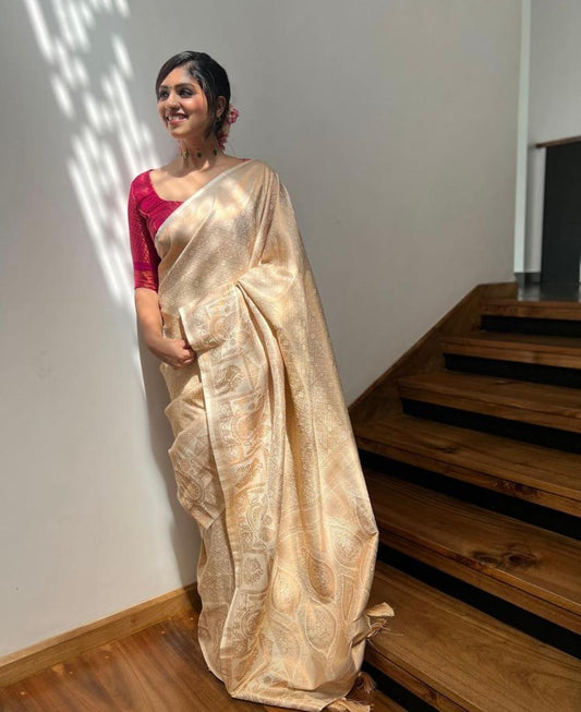 Trendy Beige Soft Silk Saree With Pretty Blouse Piece - Mameraa