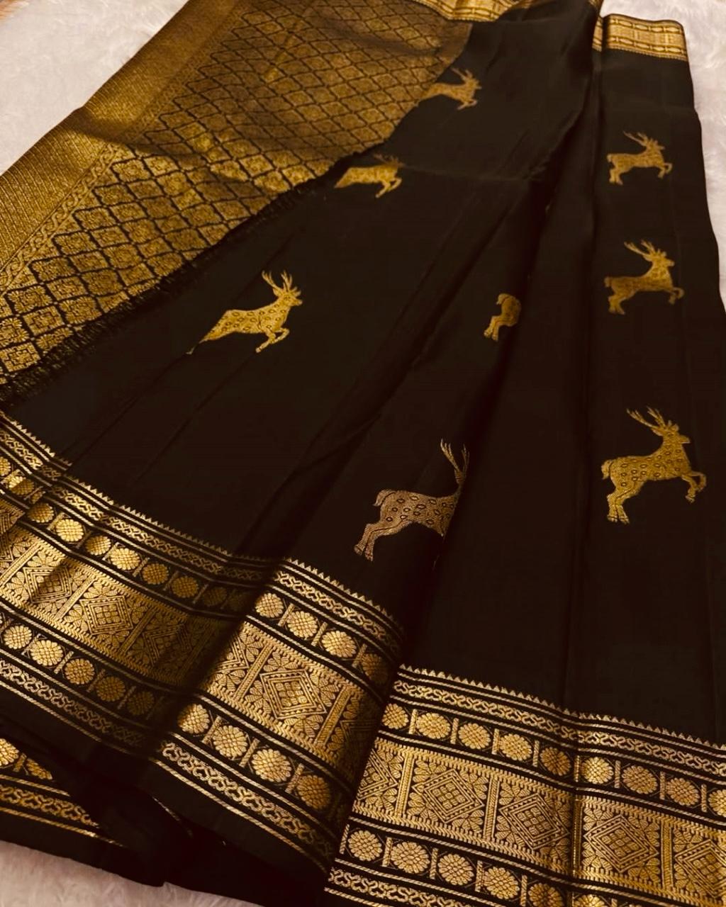 Petrichor Black Soft Banarasi Silk Saree With Delectable Blouse Piece