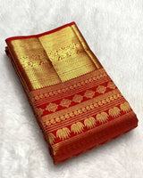 Ethnic Red Soft Banarasi Silk Saree With Prominent Blouse Piece