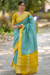 Ebullience Firozi Soft Silk Saree With Artistic Blouse Piece