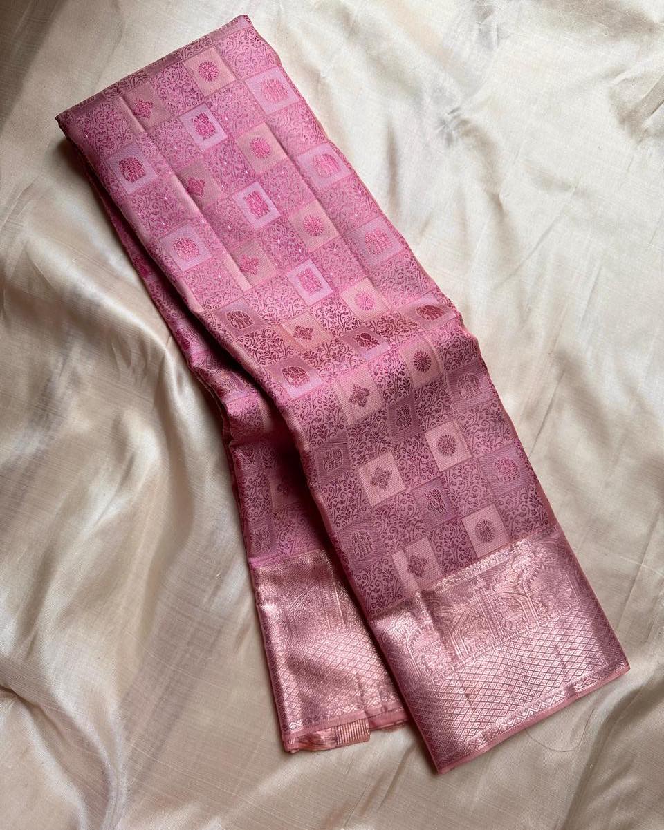 Innovative Baby Pink Soft Silk Saree With Vestigial Blouse Piece