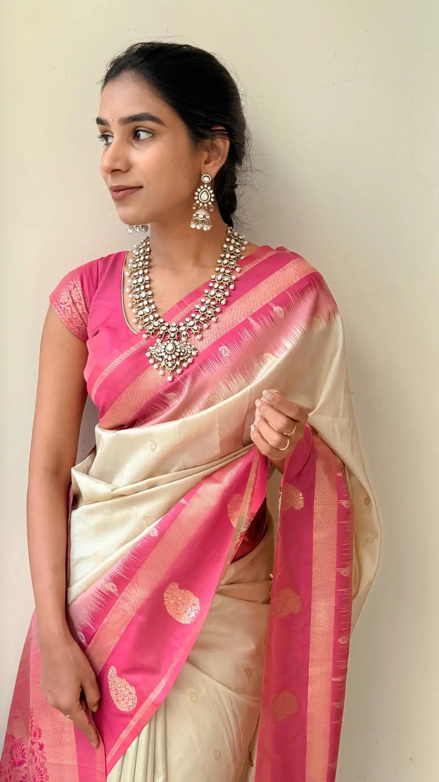 Cynosure Beige Soft Silk Saree With Delightful Blouse Piece