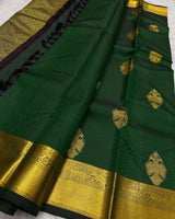 Desirable Dark Green Soft Banarasi Silk Saree With Whimsical Blouse Piece