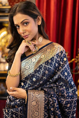 Exemplary Navy Blue Soft Banarasi Silk Saree With Panoply Blouse Piece