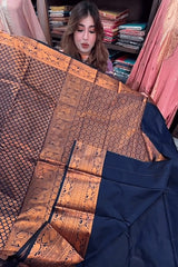 Surreptitious Navy Blue Soft Banarasi Silk Saree With Unique Blouse Piece
