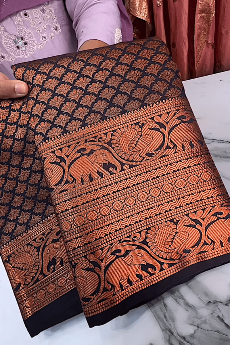 Surreptitious Navy Blue Soft Banarasi Silk Saree With Unique Blouse Piece