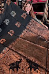 Gratifying Black Soft Banarasi Silk Saree With Intricate Blouse Piece