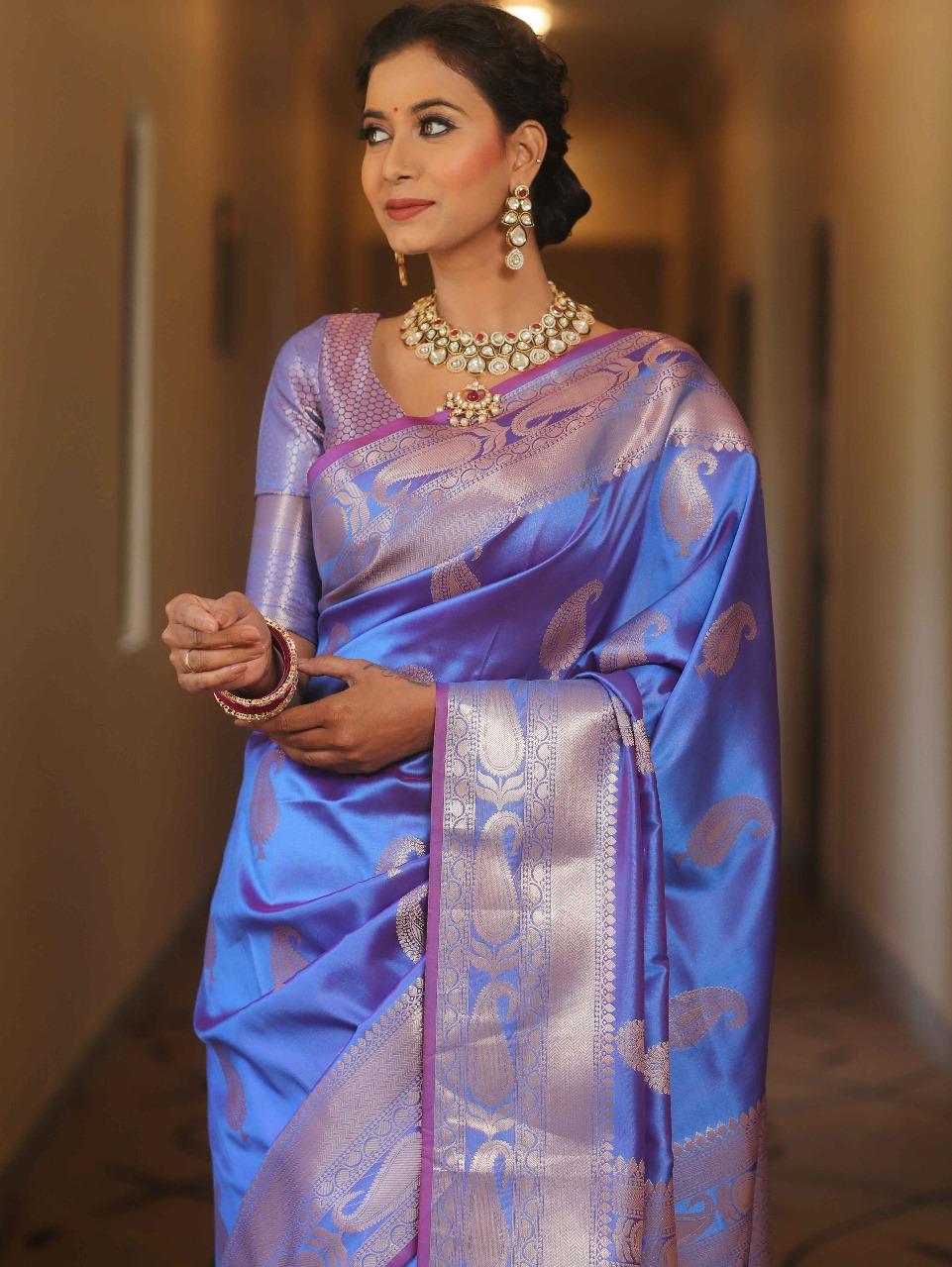 Groovy Blue Soft Banarasi Silk Saree With Artistic Blouse Piece