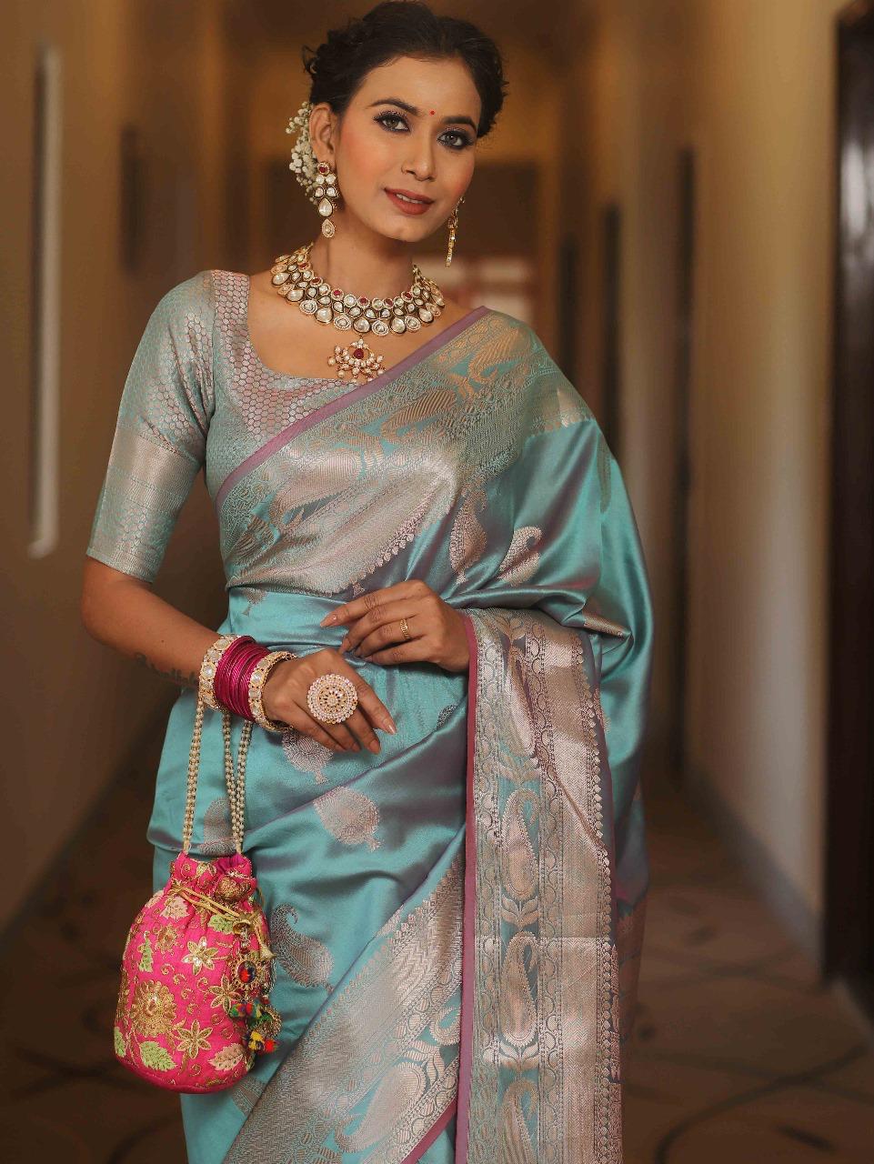 Scintillating Firozi Soft Banarasi Silk Saree With Preferable Blouse Piece