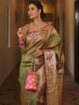 Enthralling Mehndi Soft Banarasi Silk Saree With Deserving Blouse Piece