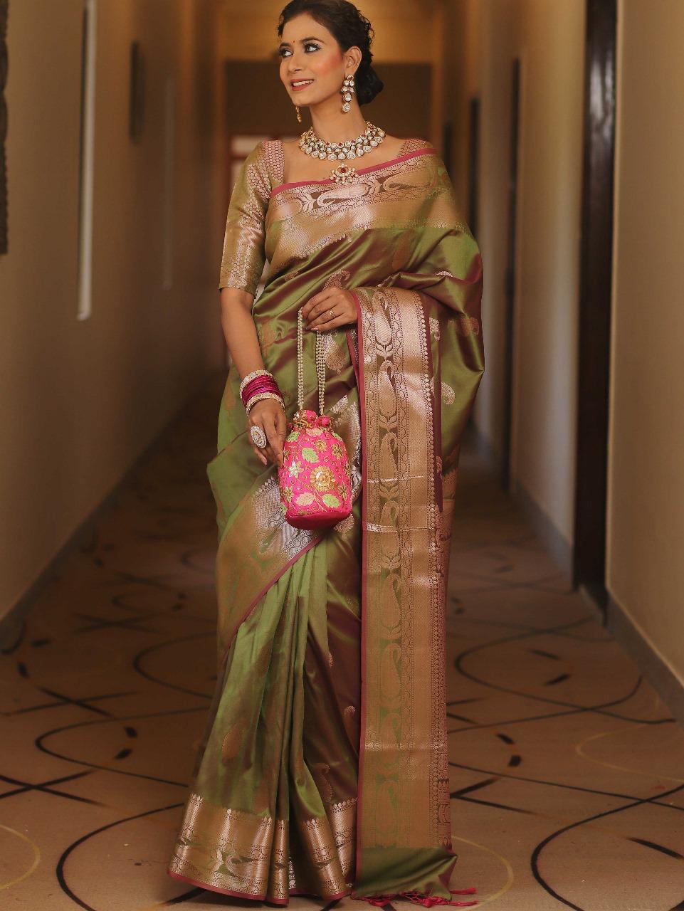 Enthralling Mehndi Soft Banarasi Silk Saree With Deserving Blouse Piece