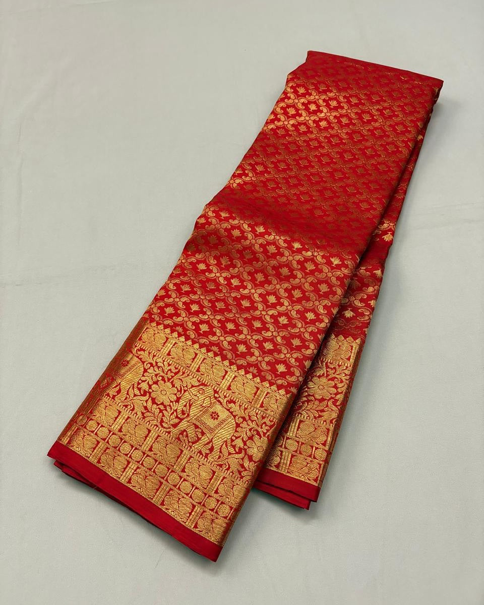 Lovely Red Soft Banarasi Silk Saree With Precious Blouse Piece