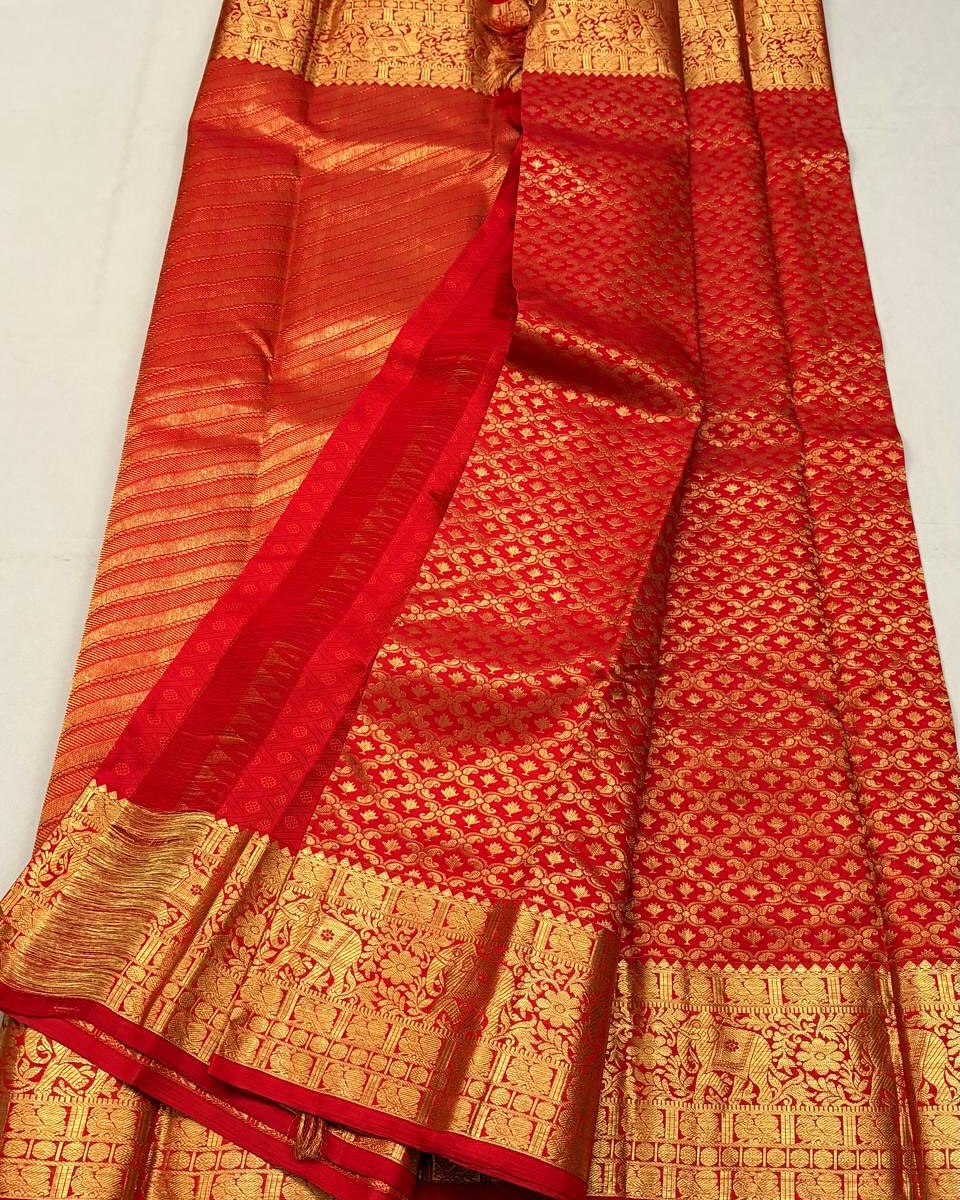 Lovely Red Soft Banarasi Silk Saree With Precious Blouse Piece