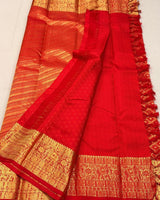 Lovely Red Soft Banarasi Silk Saree With Precious Blouse Piece