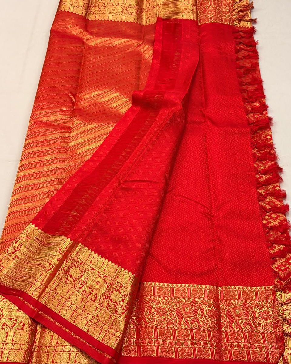 Lovely Red Soft Banarasi Silk Saree With Precious Blouse Piece