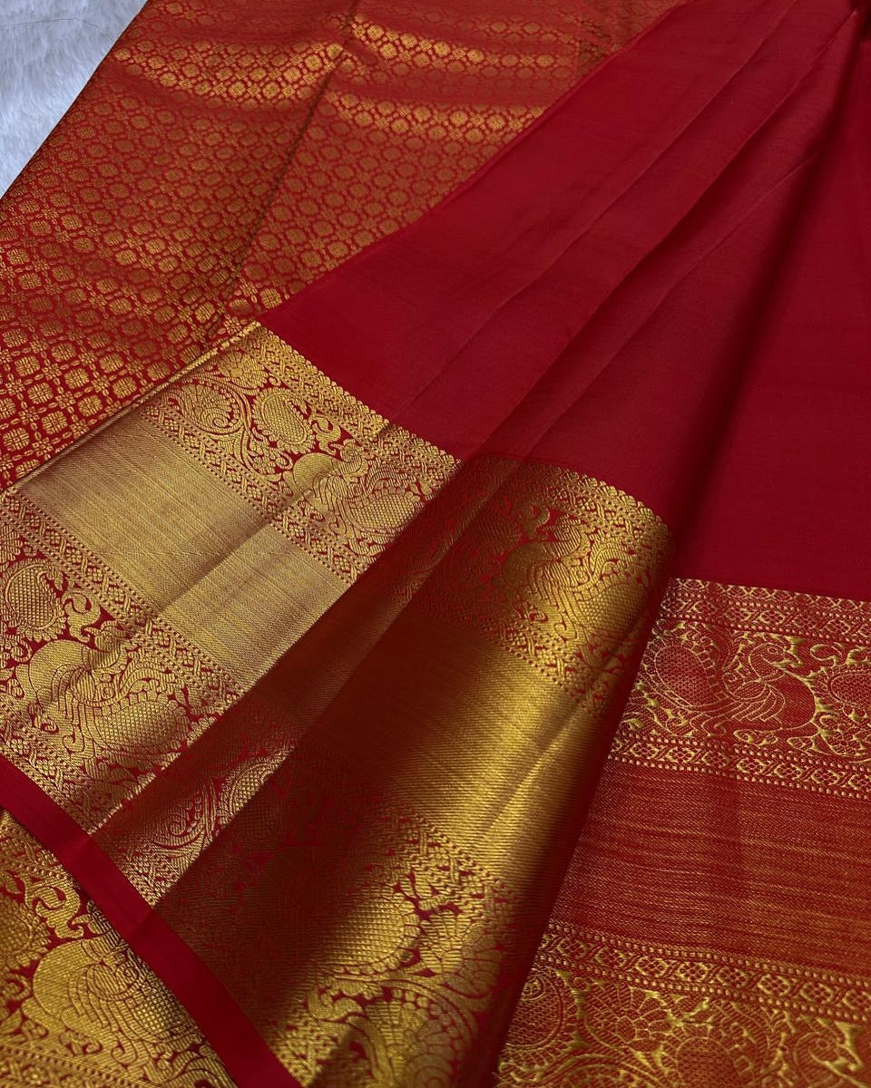Ailurophile Red Soft Banarasi Silk Saree With Vestigial Blouse Piece