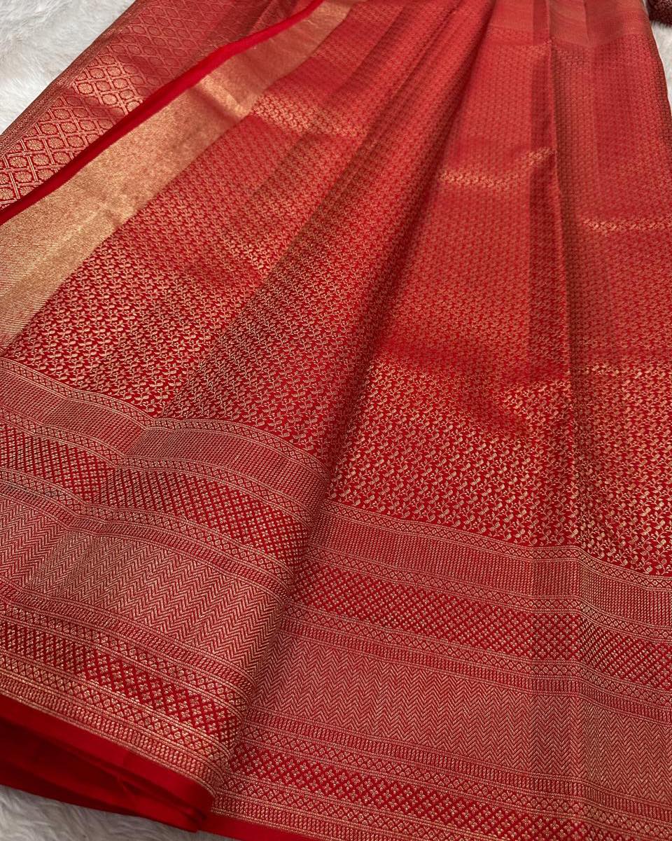 Desiring Red Soft Banarasi Silk Saree With Mesmeric Blouse Piece