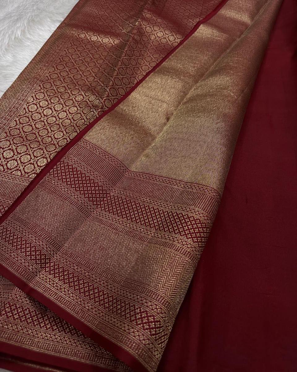 Bewitching Wine Soft Banarasi Silk Saree With Mesmerising Blouse Piece