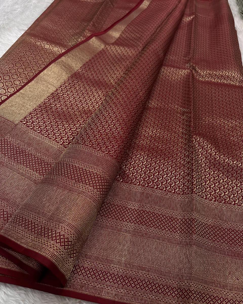 Bewitching Wine Soft Banarasi Silk Saree With Mesmerising Blouse Piece