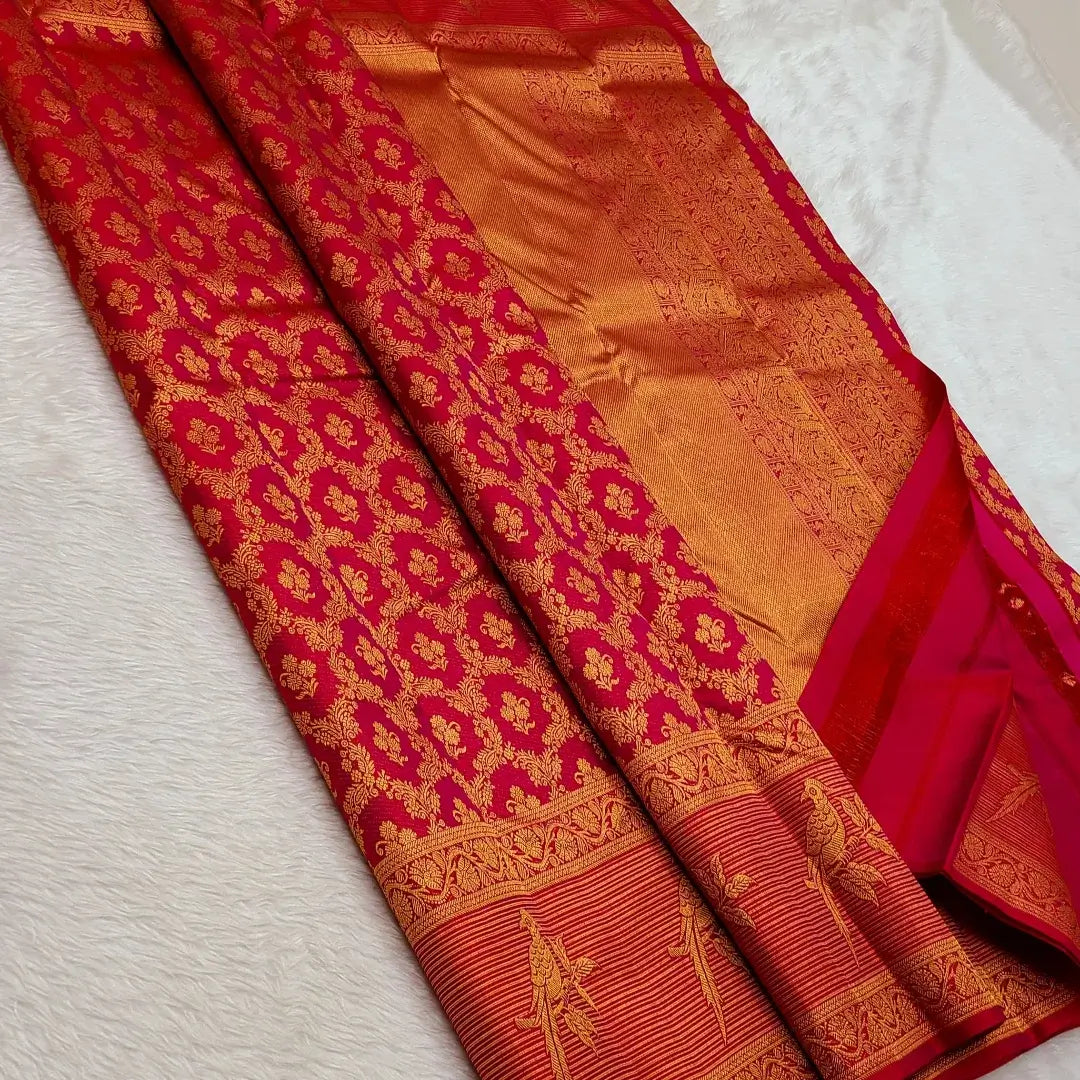 Fairytale Red Pure Zari Weaving Banarasi Silk Saree With Enigmatic Blouse Piece