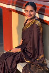 Evocative Brown Pure Zari Weaving Banarasi Silk Saree With Verdant Blouse Piece