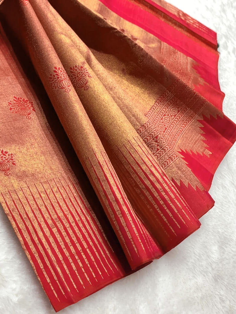 Luminous Red Pure Zari Weaving Banarasi Silk Saree With Snappy Blouse Piece
