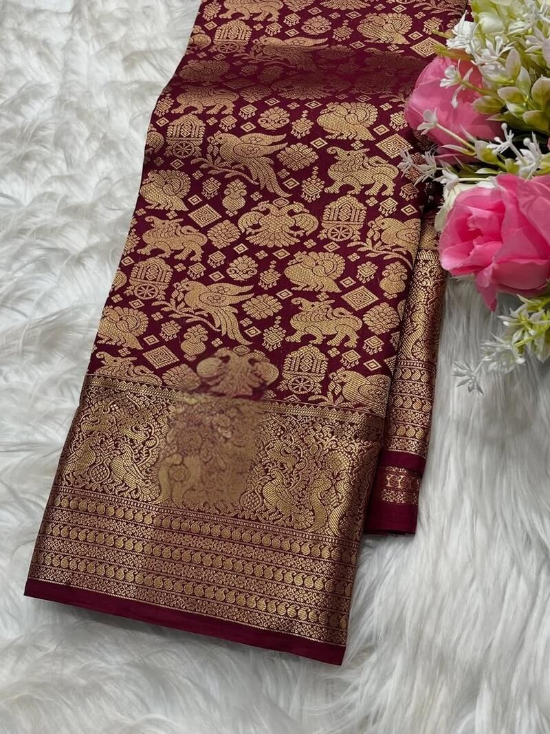 Appealing Wine Pure Zari Weaving Banarasi Silk Saree With Lissome Blouse Piece