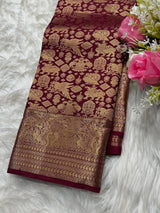 Appealing Wine Pure Zari Weaving Banarasi Silk Saree With Lissome Blouse Piece