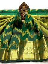 Fantabulous Dark Green Pure Zari Weaving Banarasi Silk Saree With Inspiring Blouse Piece