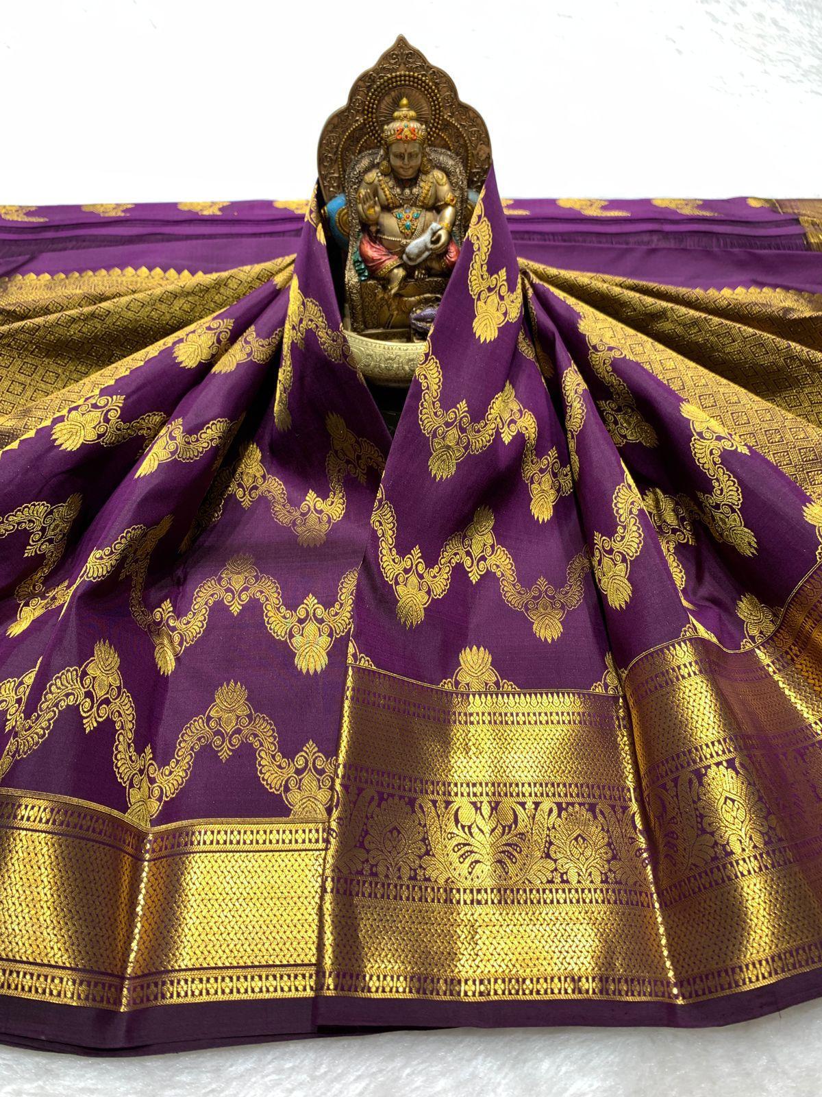 Ornate Purple Pure Zari Weaving Banarasi Silk Saree With Dissemble Blouse Piece
