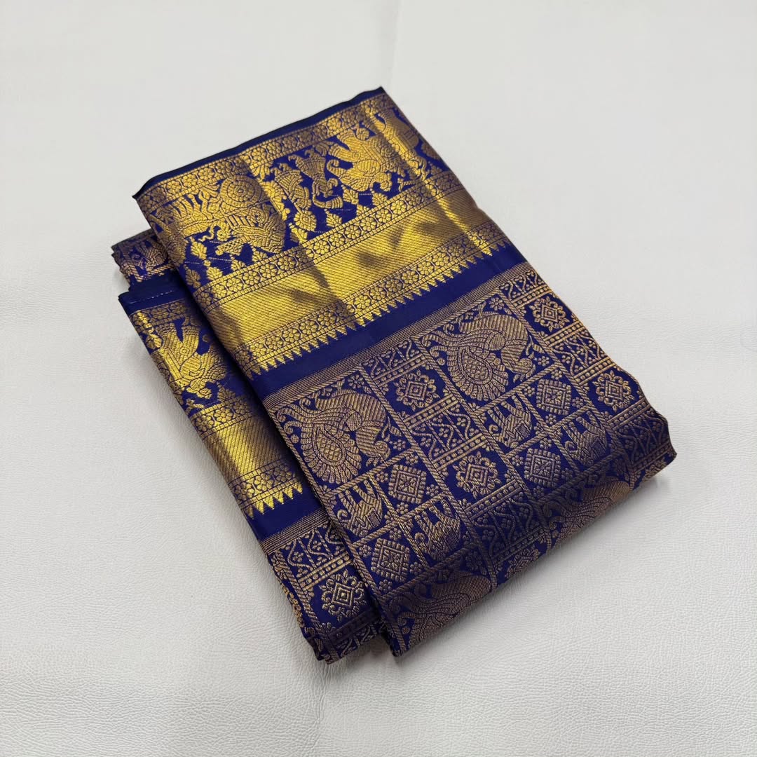 Susurrous Royal Blue Pure Zari Weaving Banarasi Silk Saree With Symmetrical Blouse Piece