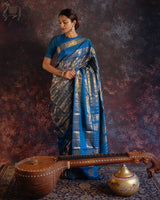 Elegant Blue Pure Zari Weaving Banarasi Silk Saree With Ideal Blouse Piece