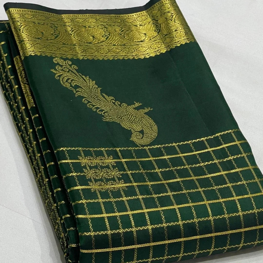 Traditional Dark Green Pure Zari Weaving Banarasi Silk Saree With Demure Blouse Piece