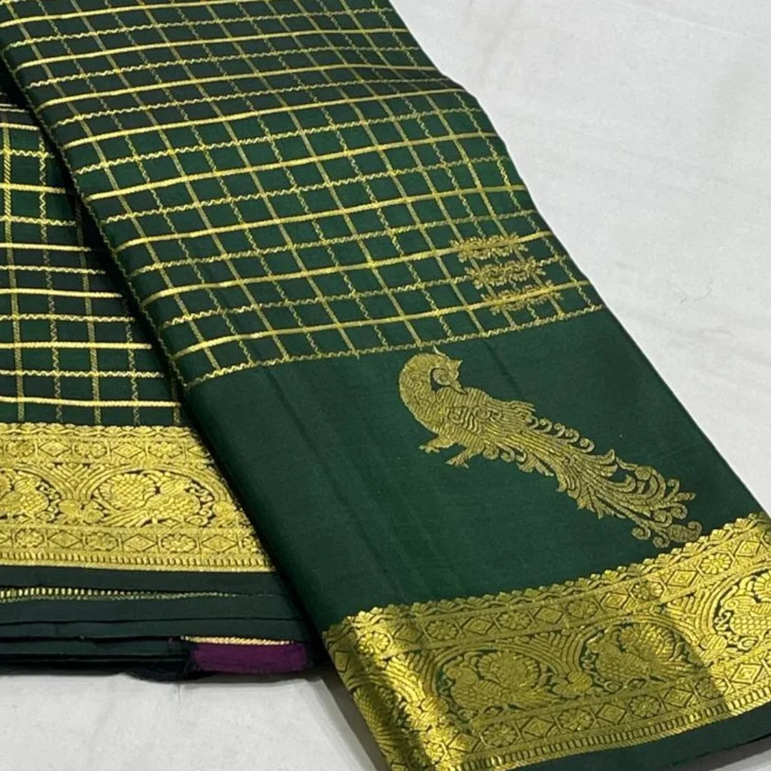 Traditional Dark Green Pure Zari Weaving Banarasi Silk Saree With Demure Blouse Piece