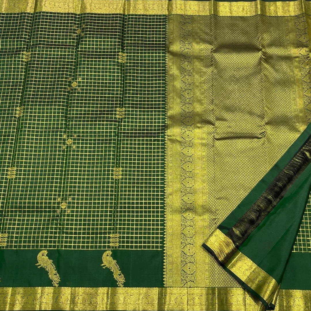 Traditional Dark Green Pure Zari Weaving Banarasi Silk Saree With Demure Blouse Piece