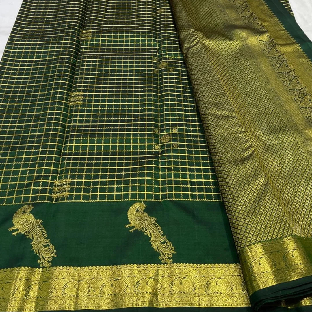 Traditional Dark Green Pure Zari Weaving Banarasi Silk Saree With Demure Blouse Piece