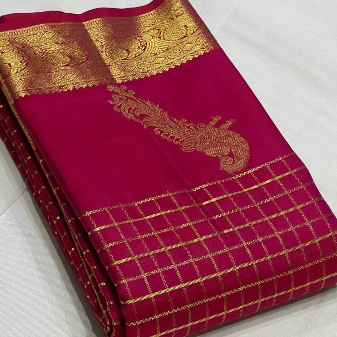 Stylish Dark Pink Pure Zari Weaving Banarasi Silk Saree With Lovely Blouse Piece