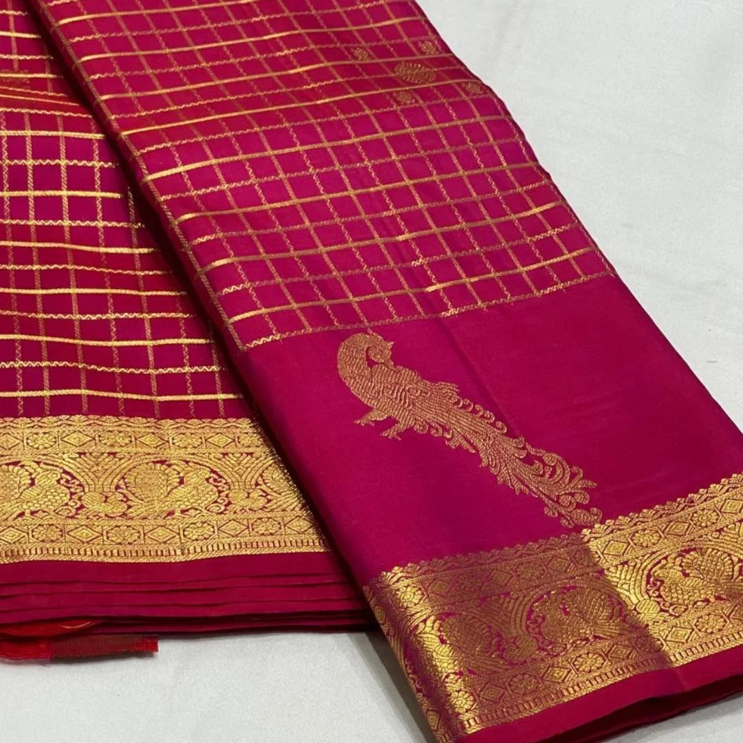 Stylish Dark Pink Pure Zari Weaving Banarasi Silk Saree With Lovely Blouse Piece