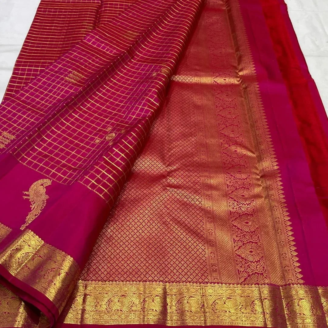 Stylish Dark Pink Pure Zari Weaving Banarasi Silk Saree With Lovely Blouse Piece