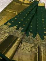 Exceptional Dark Green Pure Zari Weaving Banarasi Silk Saree With Snappy Blouse Piece
