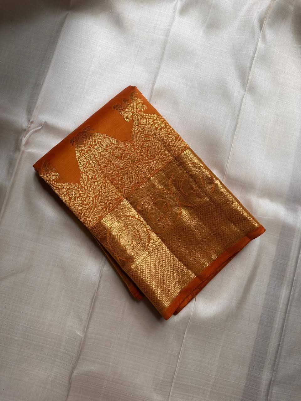 Ailurophile Orange Pure Zari Weaving Banarasi Silk Saree With Flaunt Blouse Piece