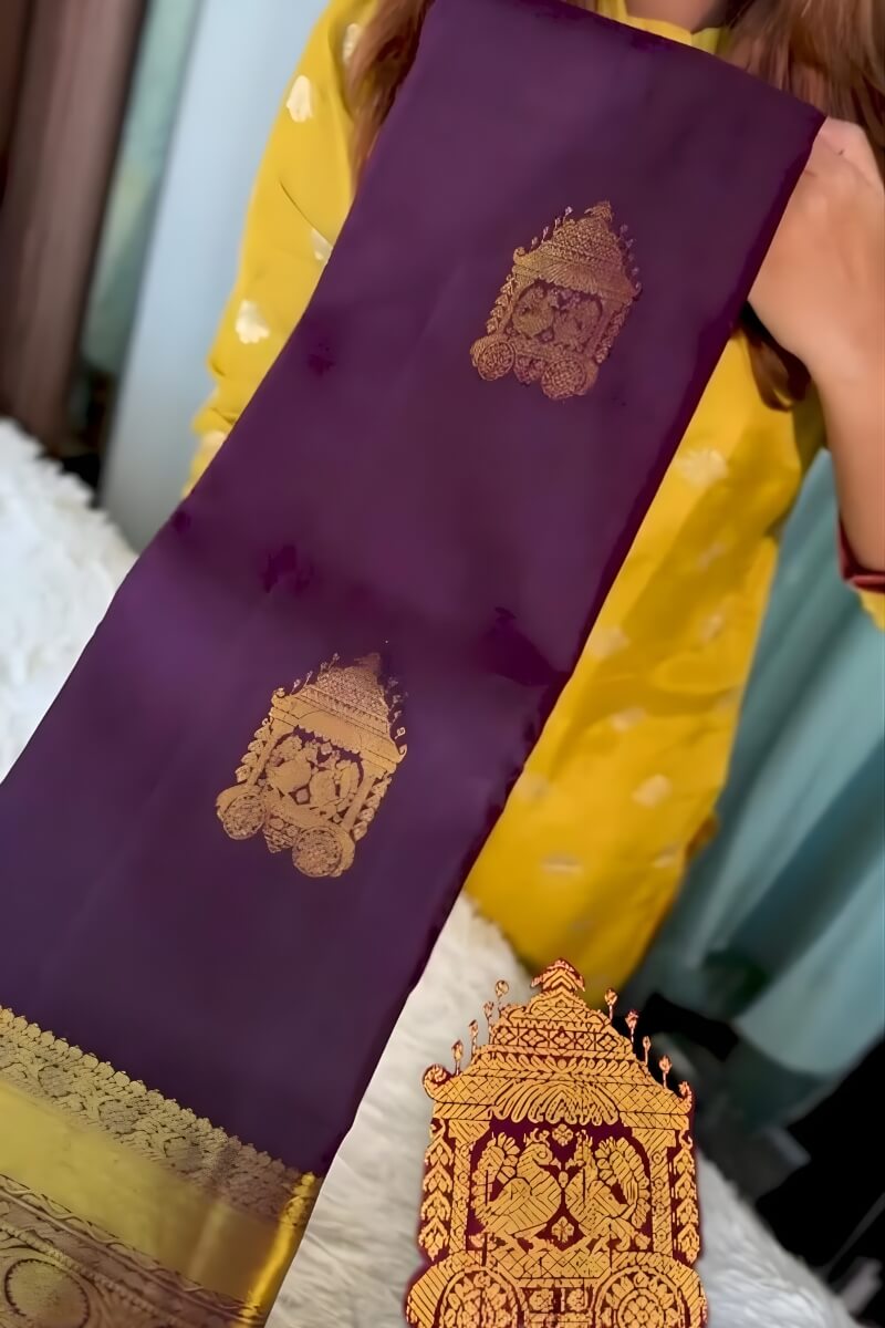 Adoring Purple Pure Zari Weaving Banarasi Silk Saree With Twirling Blouse Piece
