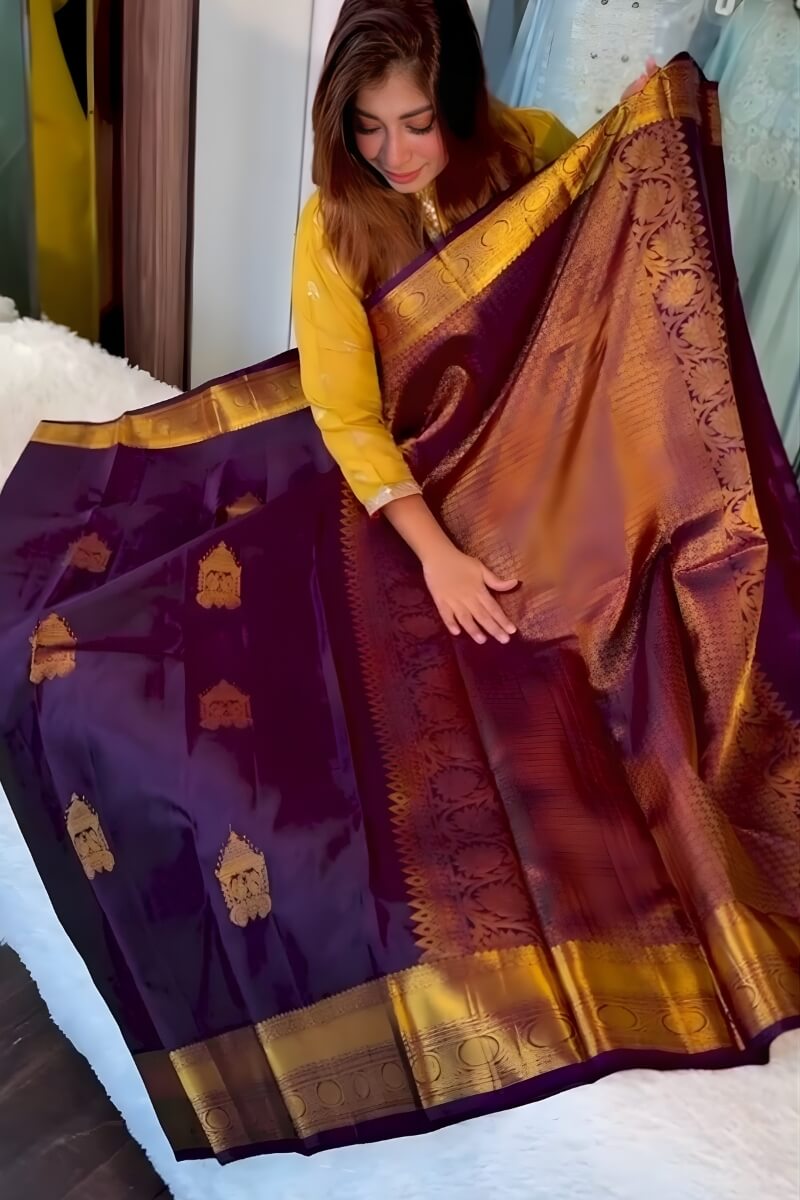 Adoring Purple Pure Zari Weaving Banarasi Silk Saree With Twirling Blouse Piece