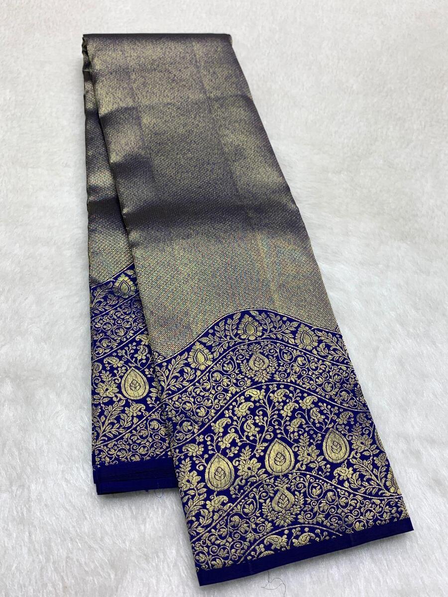 Desultory Royal Blue Pure Zari Weaving Banarasi Silk Saree With Fancifull Blouse Piece