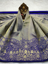 Desultory Royal Blue Pure Zari Weaving Banarasi Silk Saree With Fancifull Blouse Piece